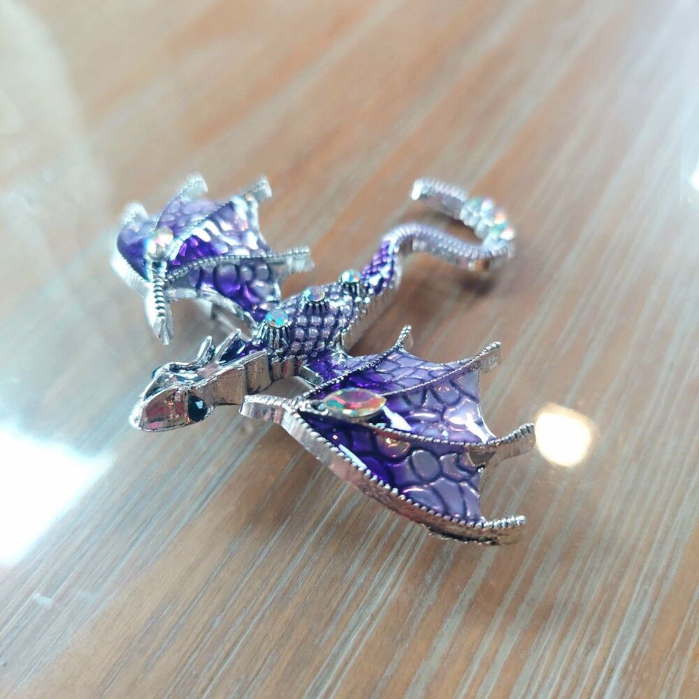 Whimsical Dragon Brooch Purple and Silver